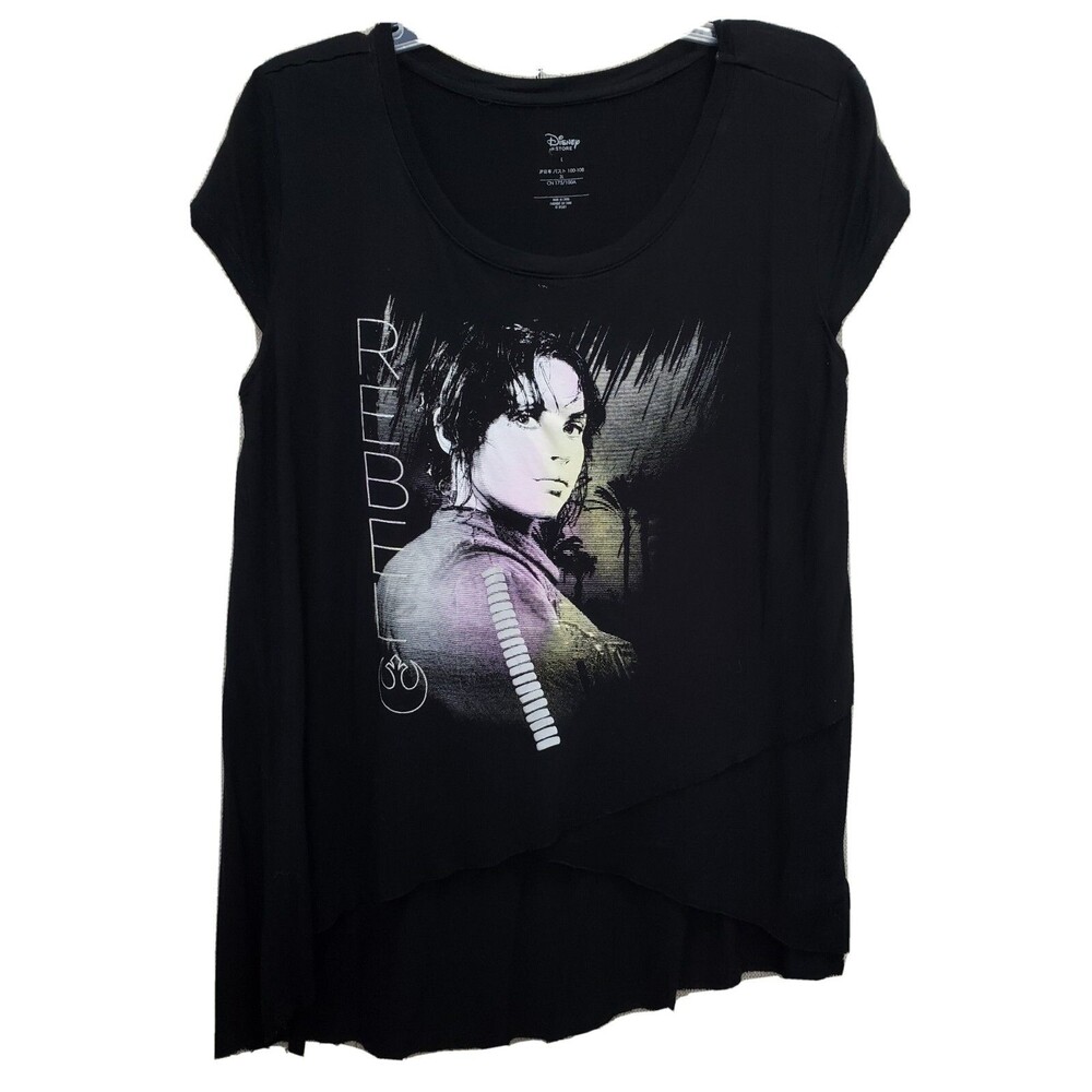 DISNEY STAR WARS REBEL WOMEN'S CAP SLEEVE TIERED ASYMMETRICAL HEM T-SHIRT SZ L